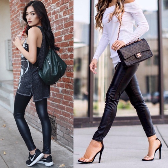 High waist fold over leather Leggings Black Matte - Picture 3 of 7